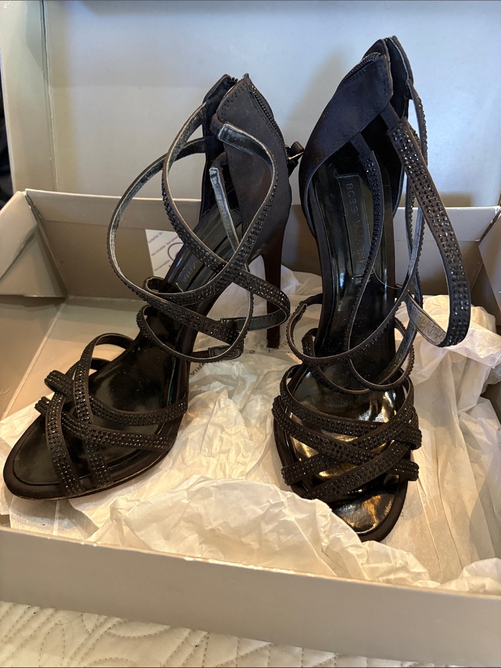 BCBGMaxAzria satin black crystal embellished Strappy leather sole high heels